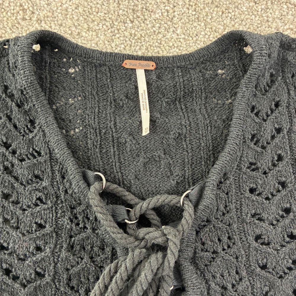 Free People Black Lace Up Crochet Knit Sweater Tunic Size XS Casual Goth Moto